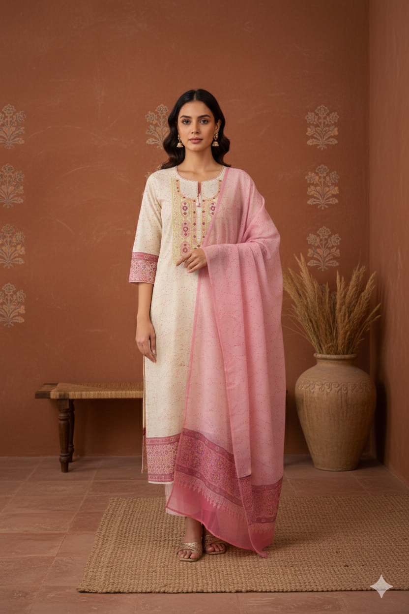 Pink & Ivory Jamdani Linen French Knot Embroidered Kurta with Digital Print Dupatta – 3 piece