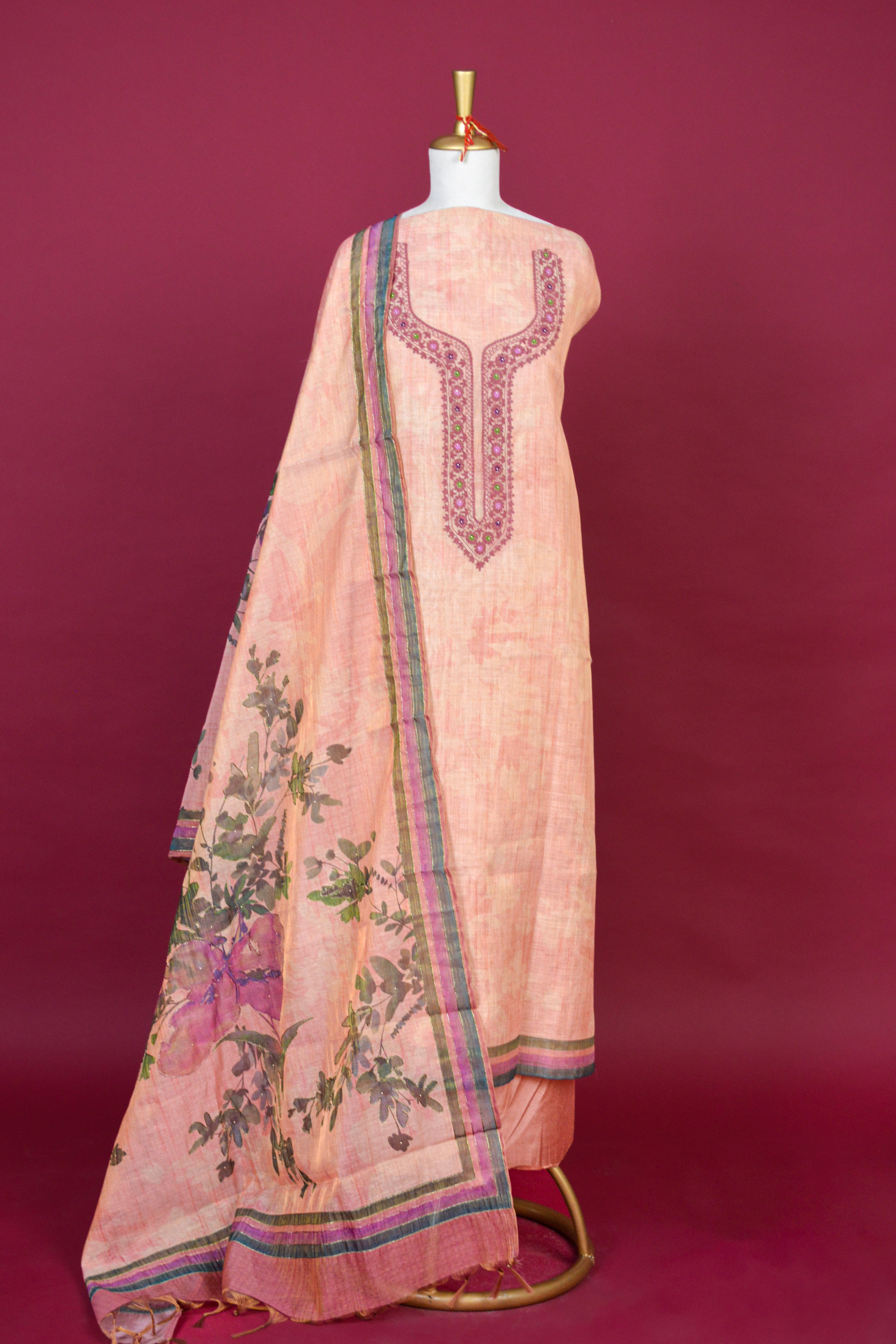 Soft Peach Jamdani Linen Kurta Dupatta Set – 3 piece