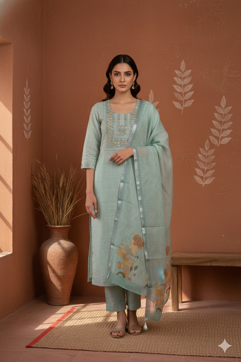 Earthy Green Jamdani Linen Kurta Dupatta Set – 3 piece