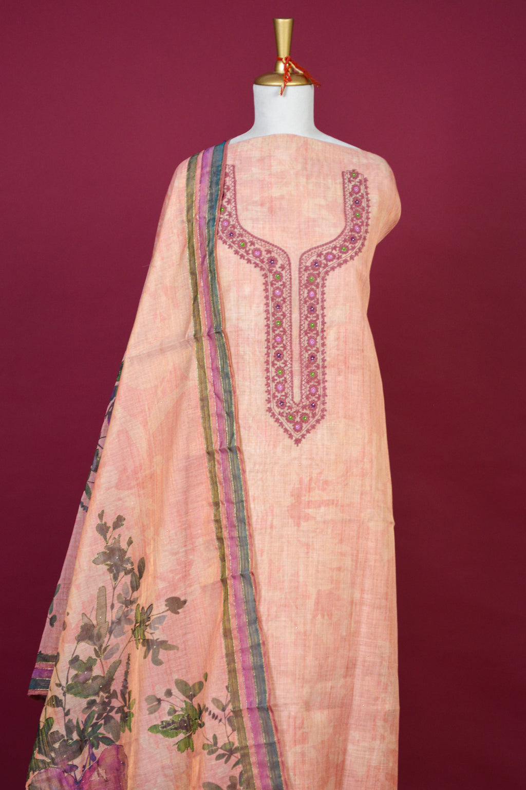 Soft Peach Jamdani Linen Kurta Dupatta Set – 3 piece