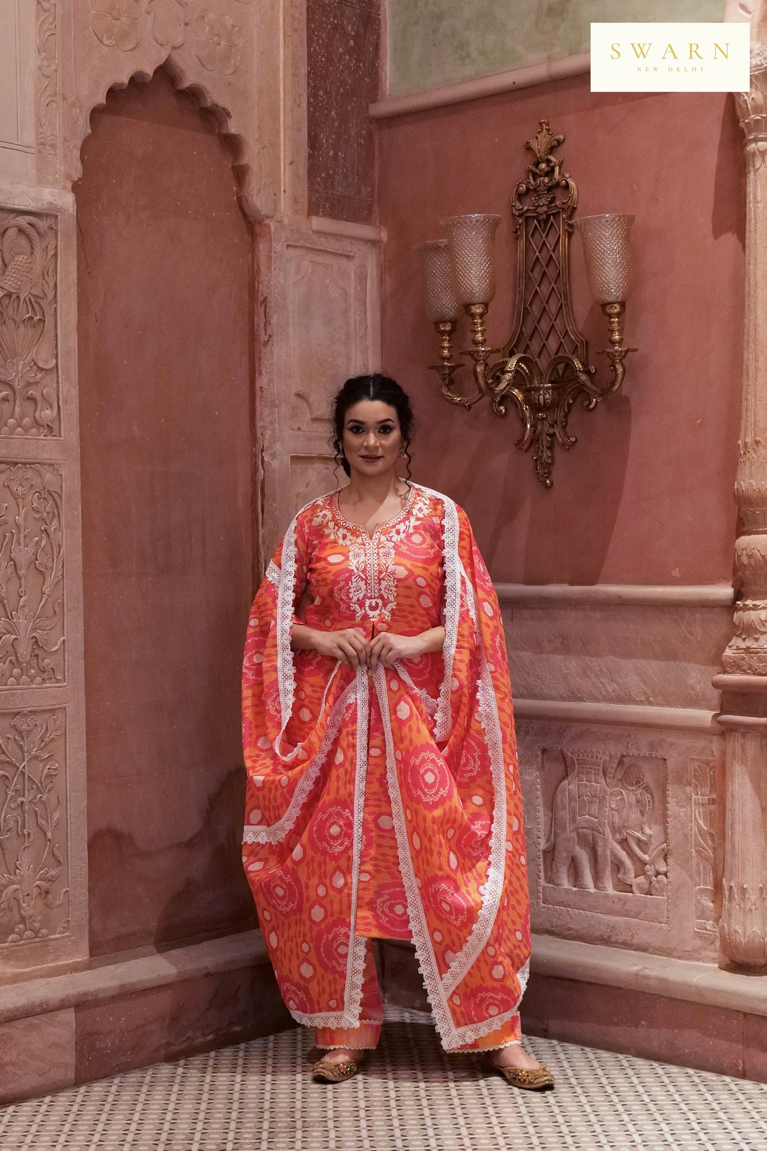 Chanderi Digital Printed Kurta Dupatta Set with Resham Embroidered Neckline – 3 piece