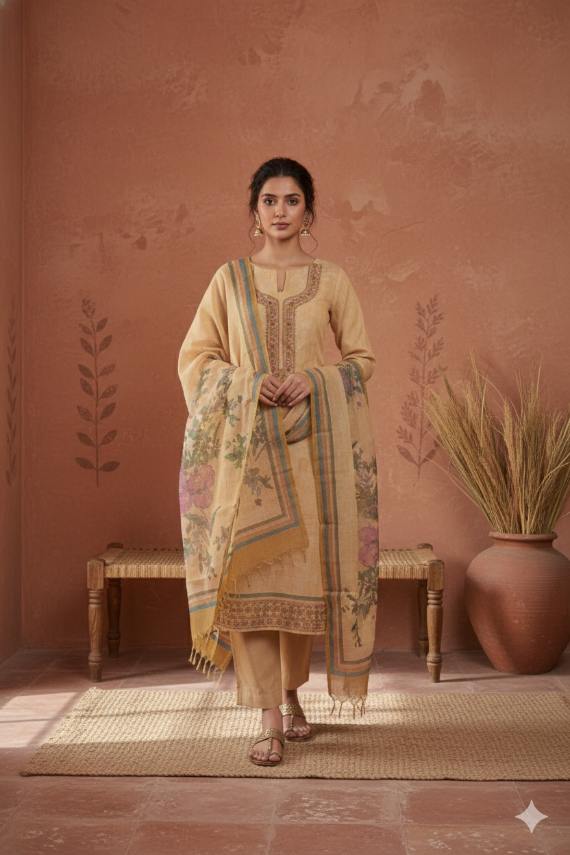 Earthy Yellow Linen Jamdani Dori Work Kurta with Digital Print Dupatta – 3 piece