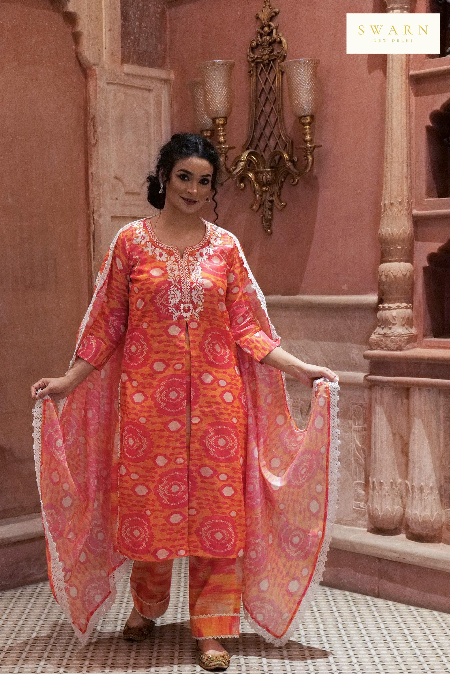 Chanderi Digital Printed Kurta Dupatta Set with Resham Embroidered Neckline – 3 piece