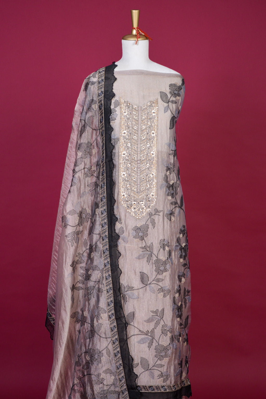 Ash Grey Organza Tissue Thread Embroidered Kurta Dupatta Set – 3 piece
