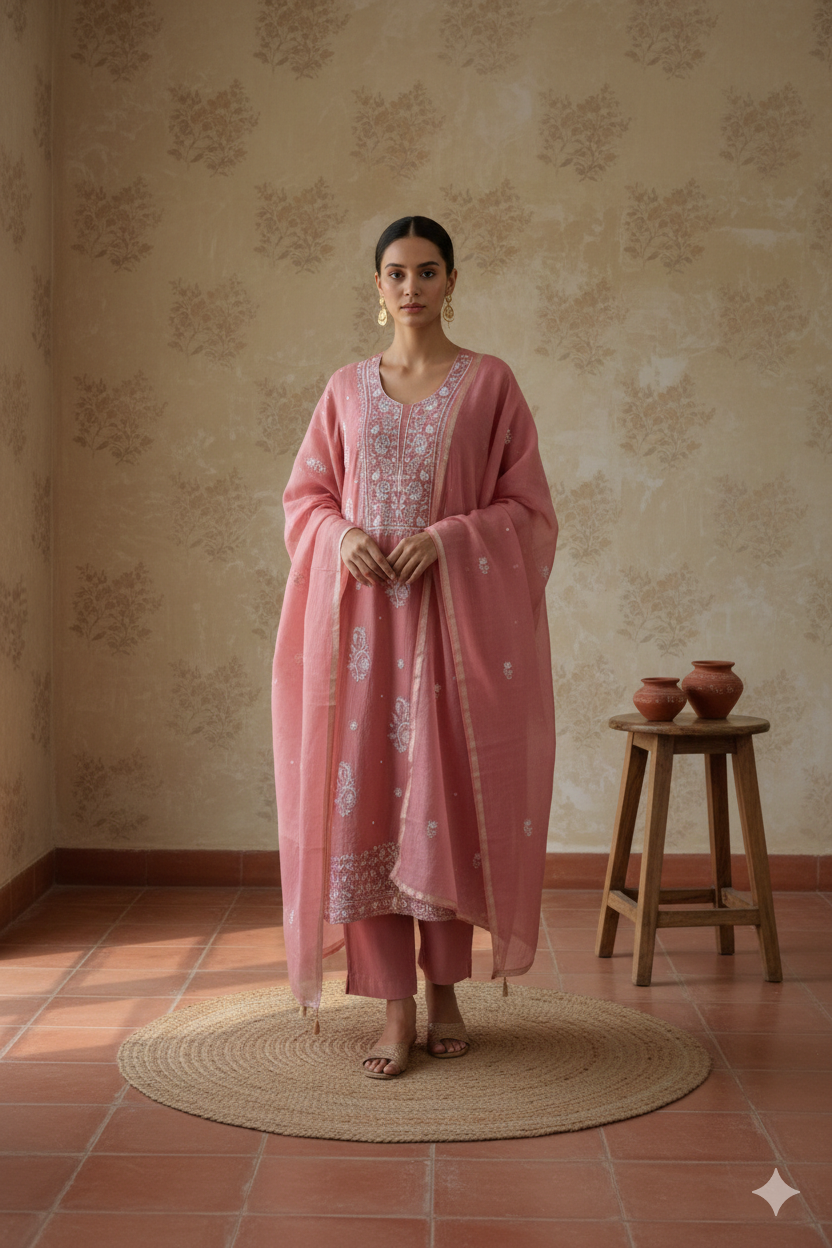 Dusty Rose Mul Mul Cotton Chikankari Kurta Fabric with Dupatta – Unstitched 2-Piece Set