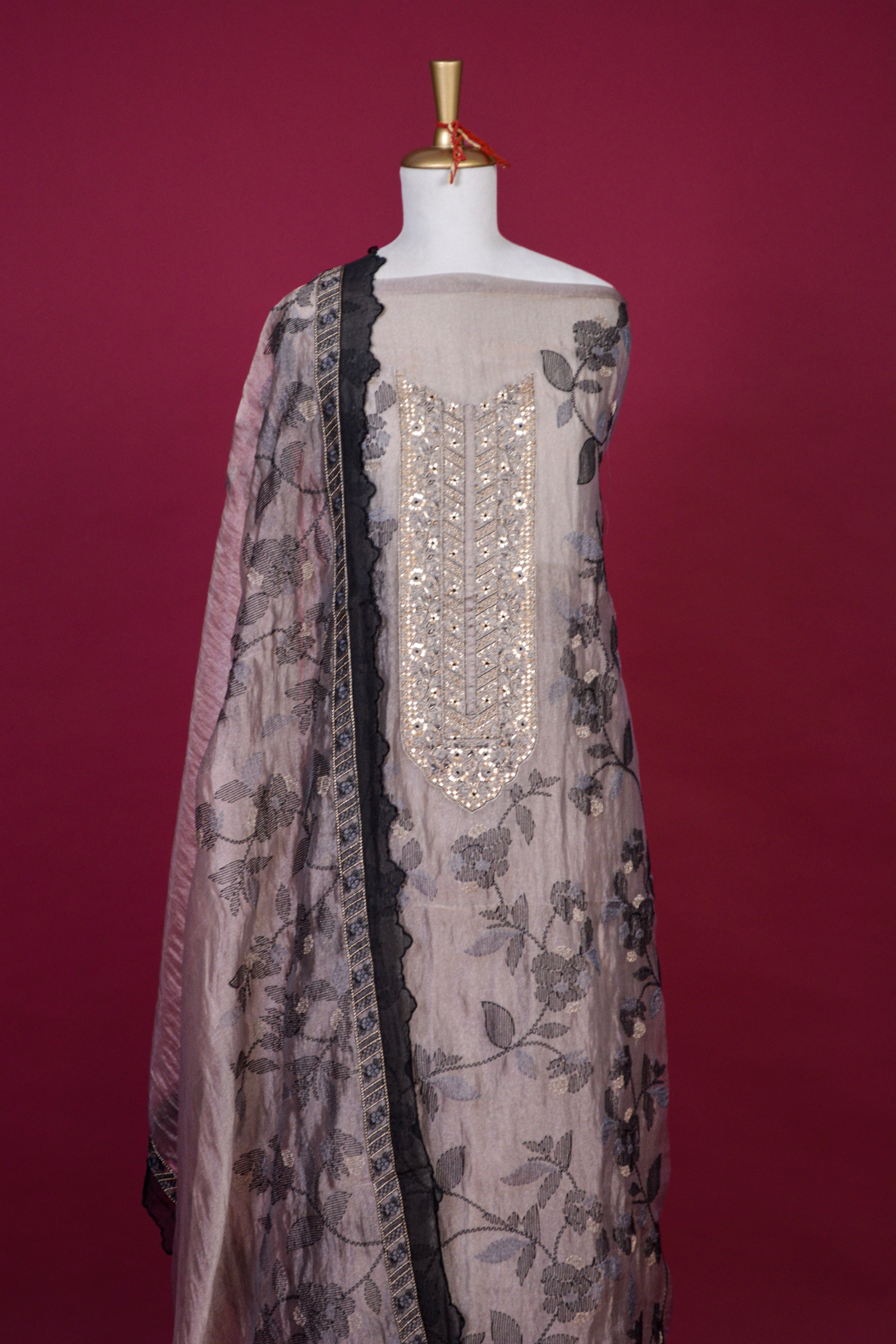 Ash Grey Organza Tissue Thread Embroidered Kurta Dupatta Set – 3 piece