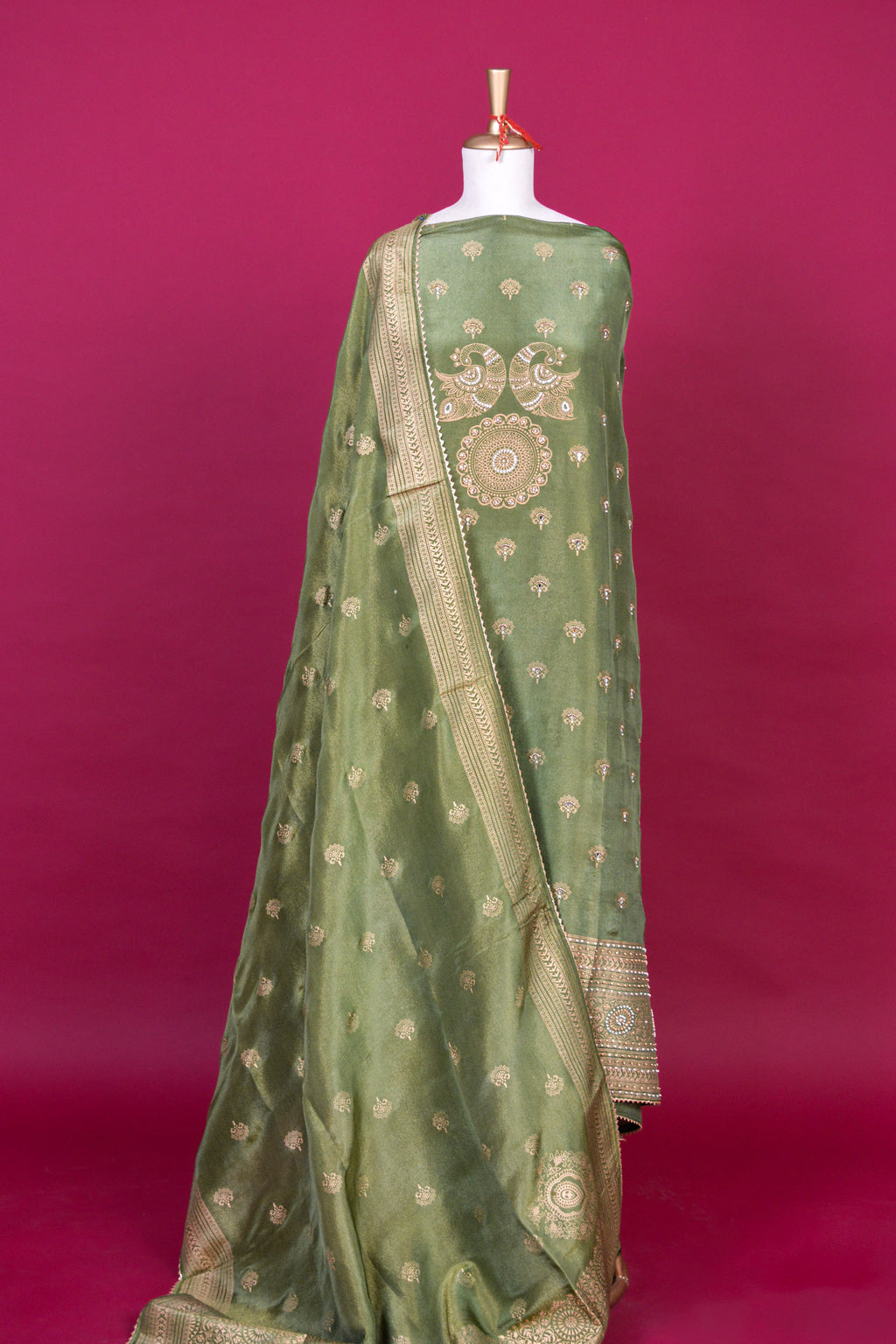 Olive Green Shimmer Tissue Hand Block Printed Kurta Dupatta Set – 3 piece