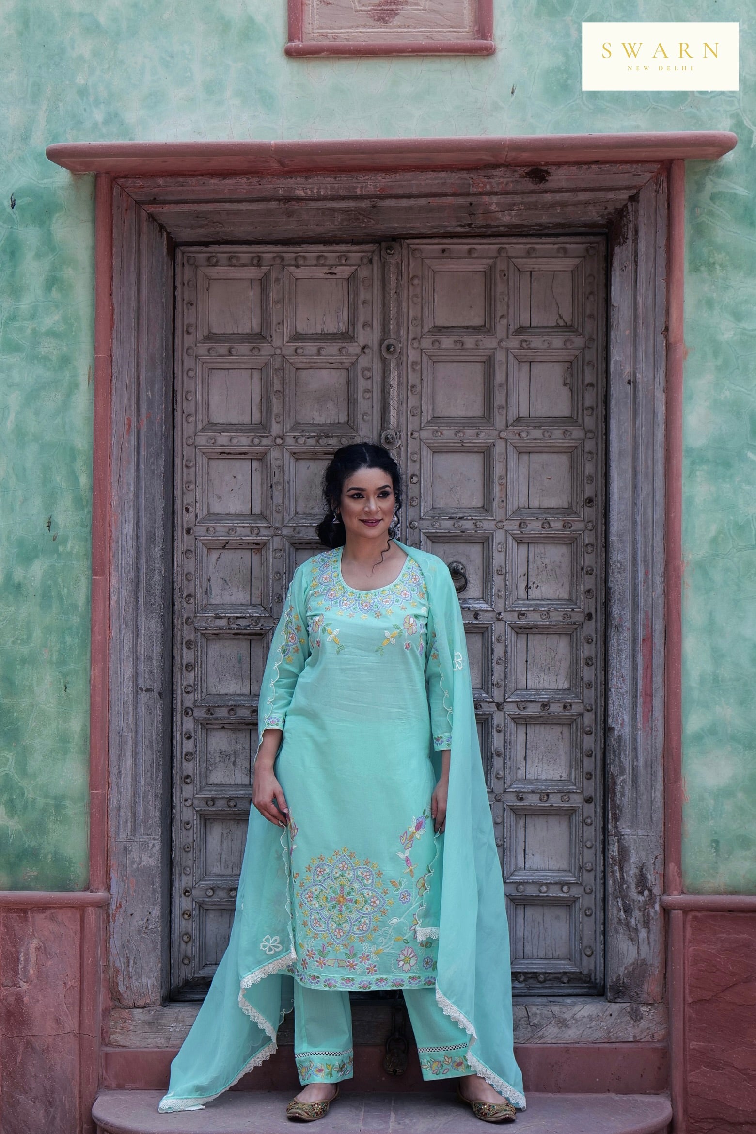 Light Teal Blue Cotton Cambric Embroidered Kurta Dupatta Set – 3 piece