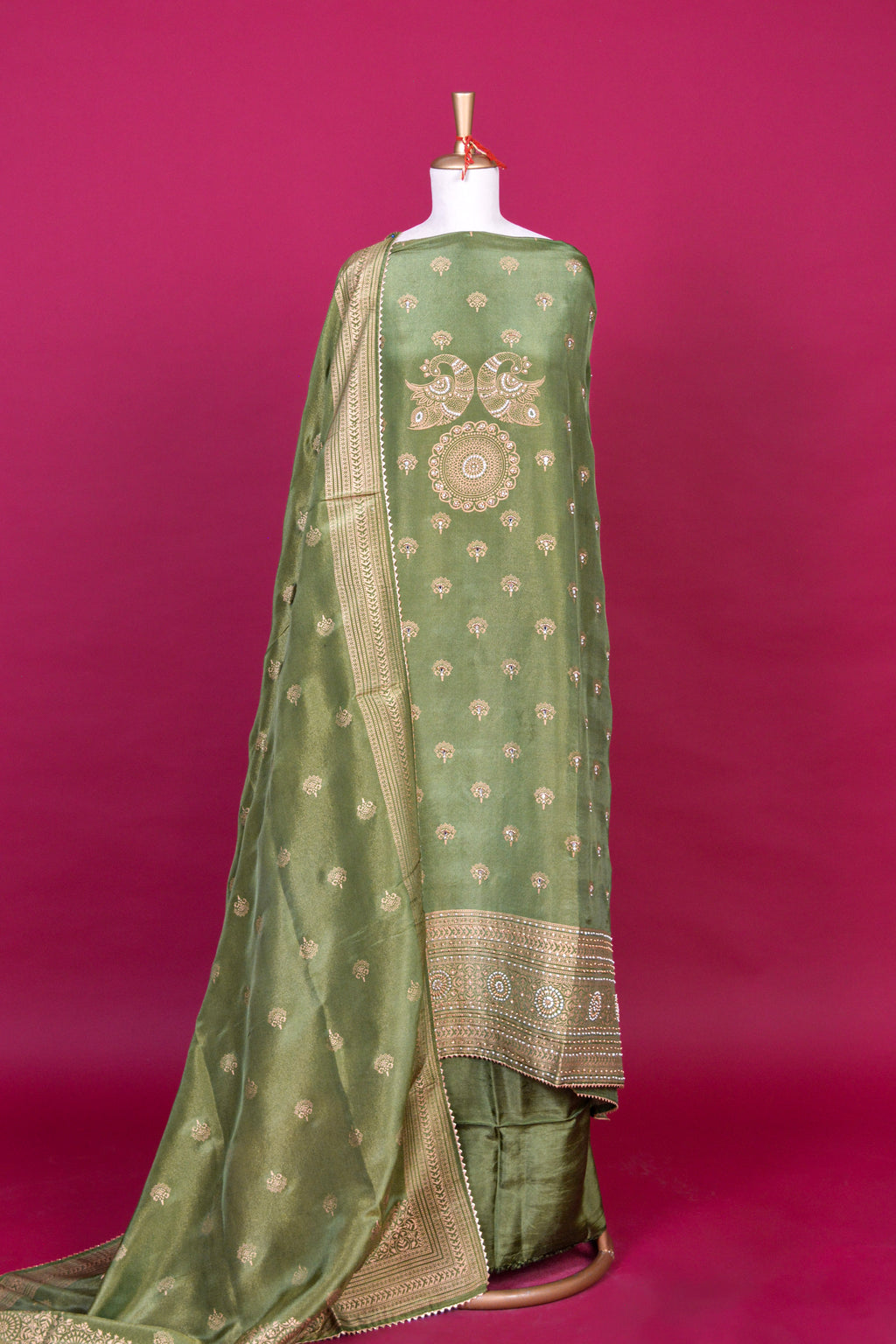 Olive Green Shimmer Tissue Hand Block Printed Kurta Dupatta Set – 3 piece