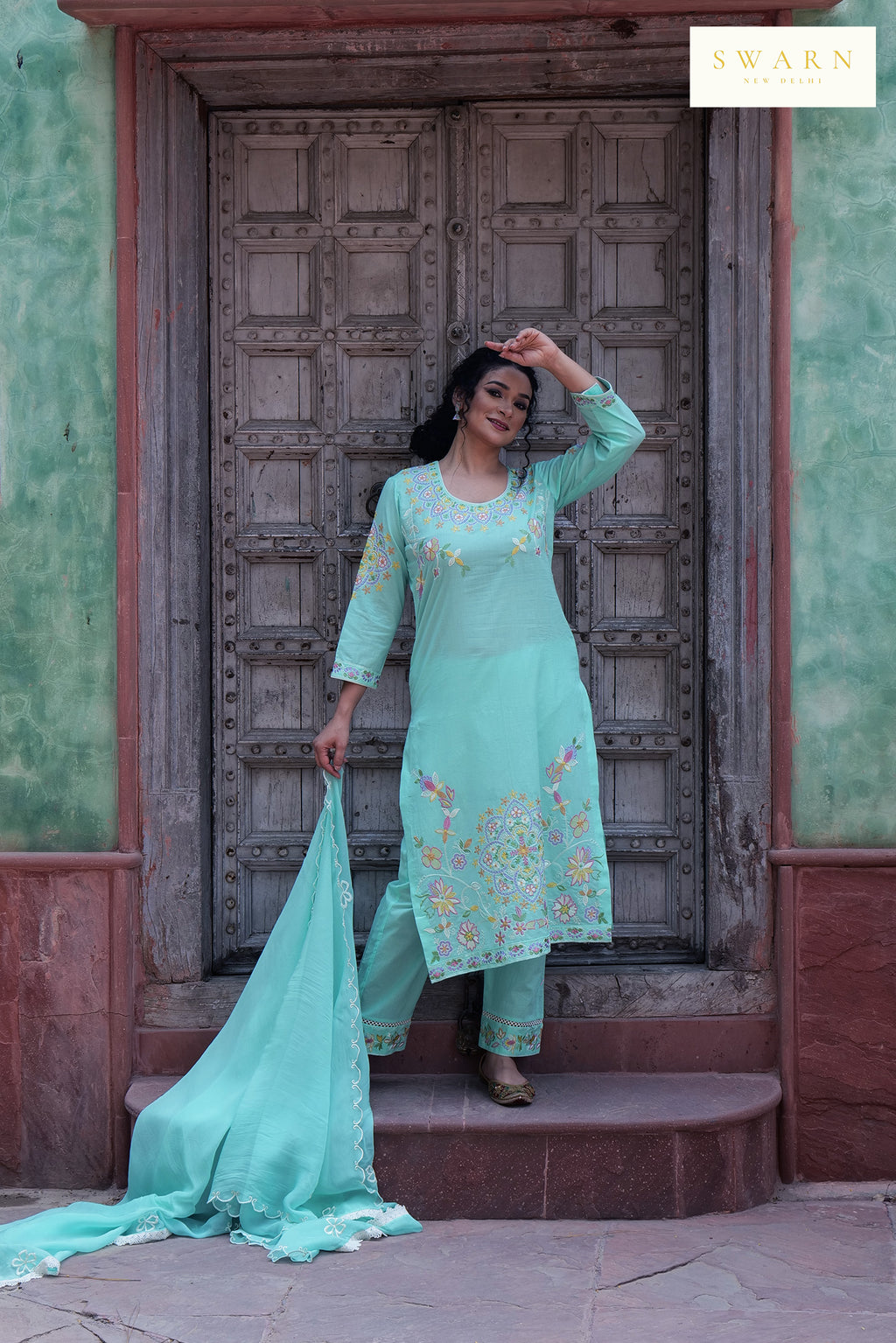 Light Teal Blue Cotton Cambric Embroidered Kurta Dupatta Set – 3 piece