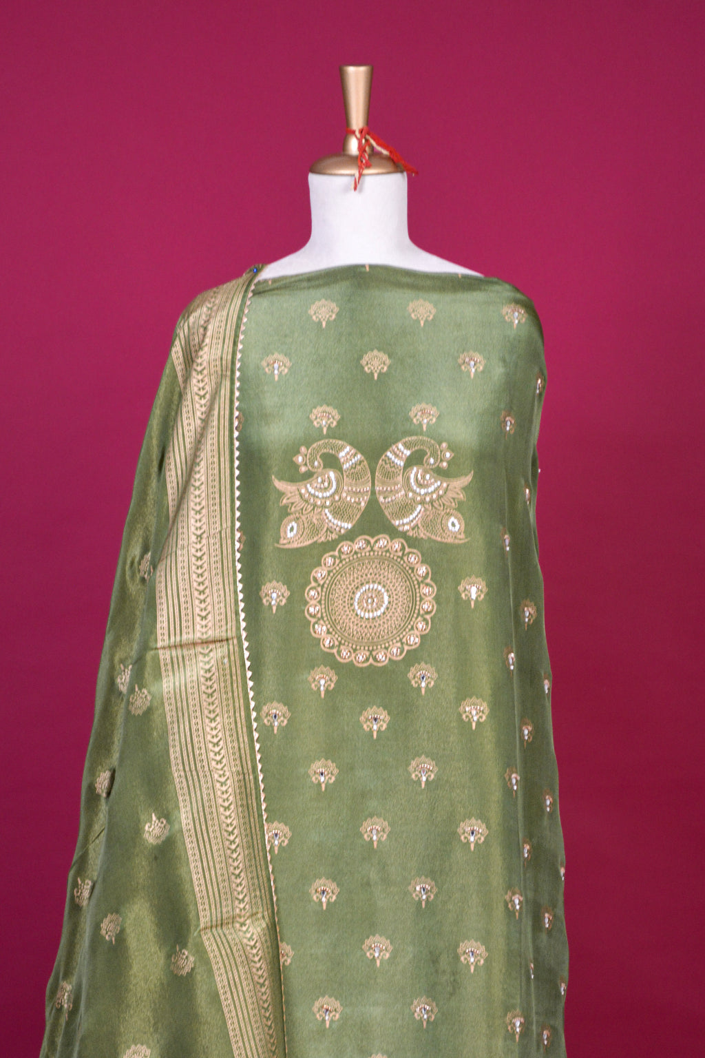 Olive Green Shimmer Tissue Hand Block Printed Kurta Dupatta Set – 3 piece