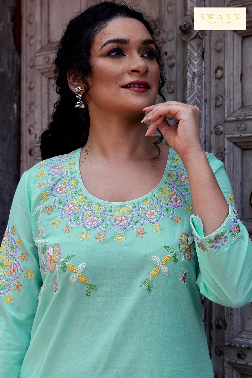 Light Teal Blue Cotton Cambric Embroidered Kurta Dupatta Set – 3 piece