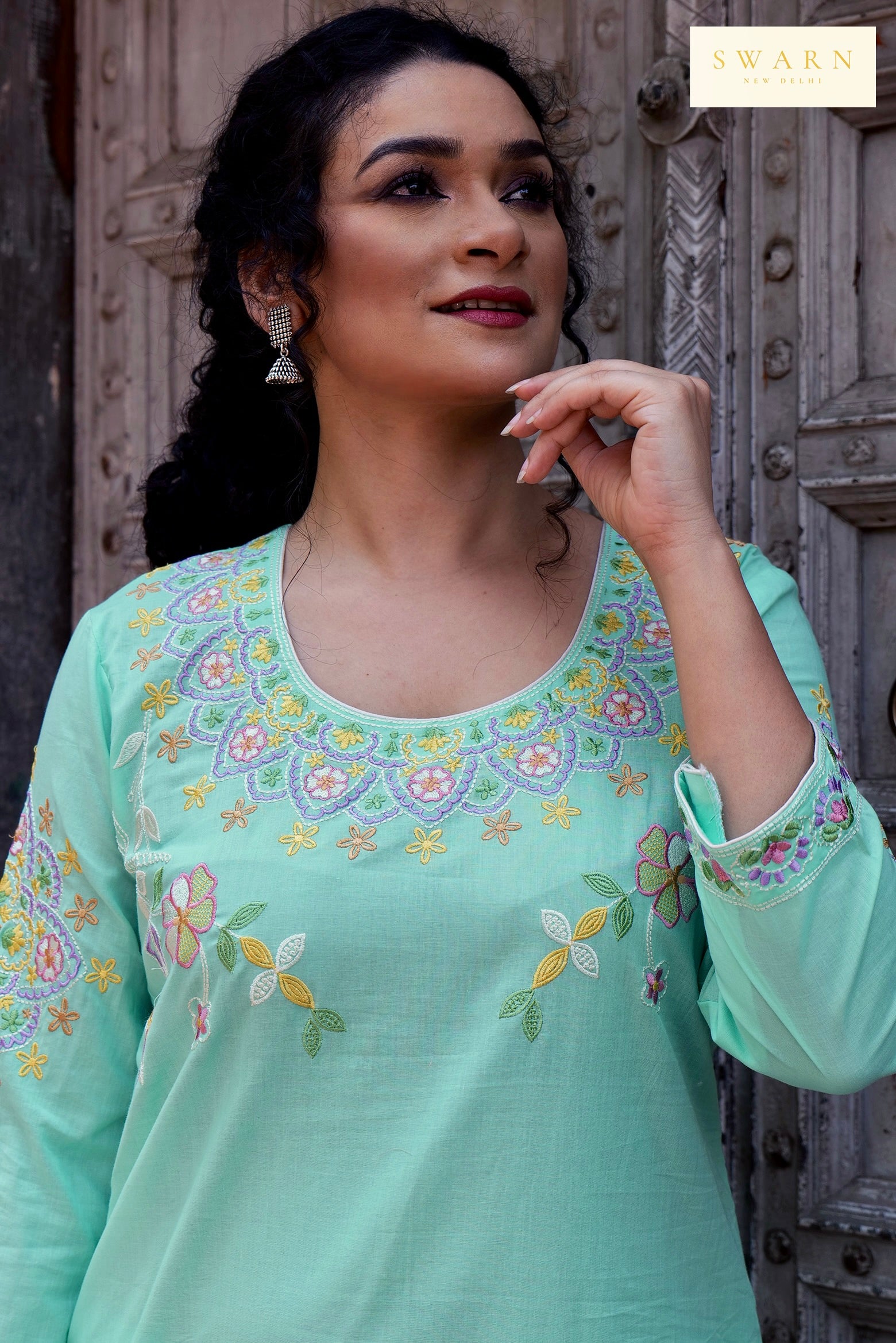 Light Teal Blue Cotton Cambric Embroidered Kurta Dupatta Set – 3 piece