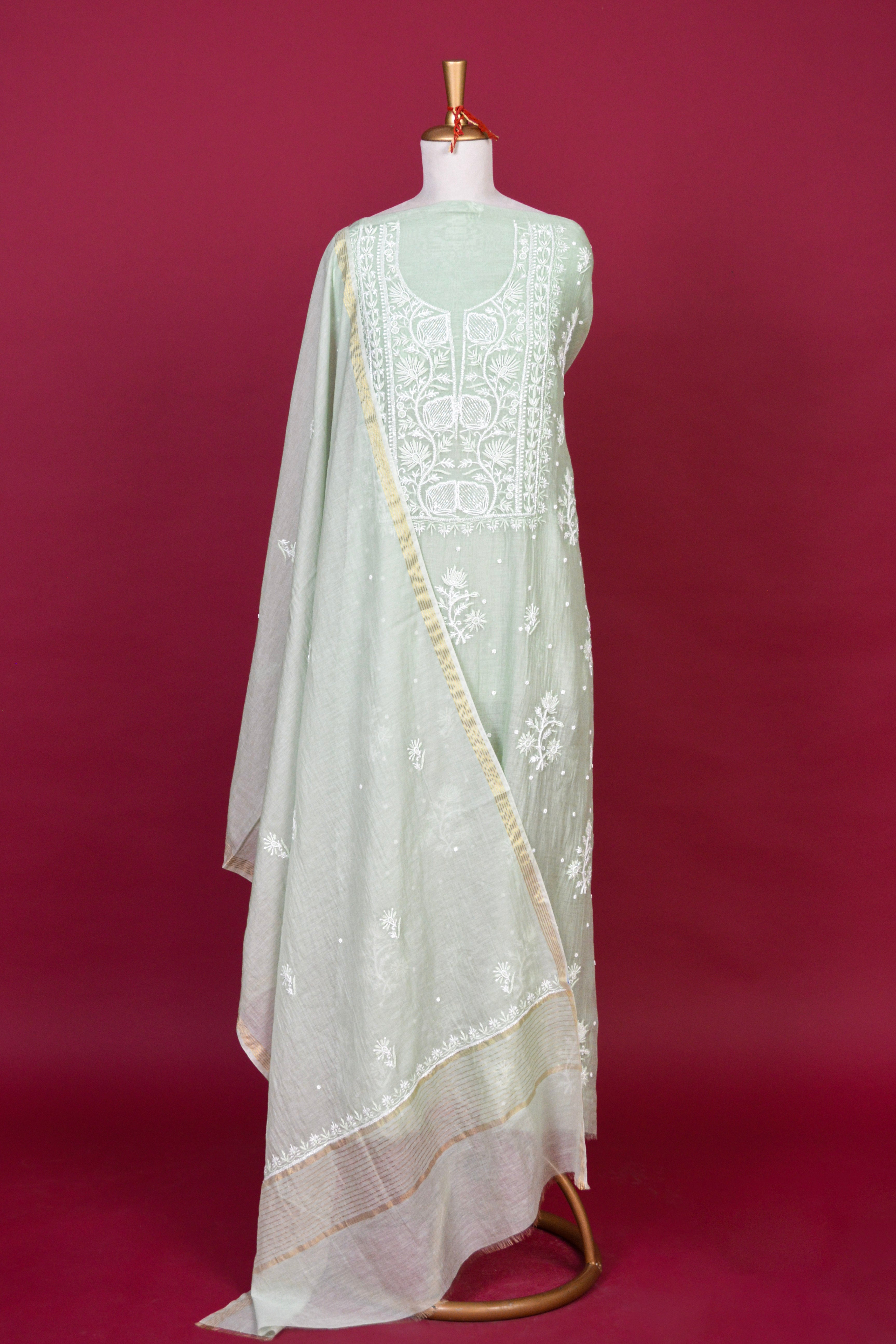 Mint Green Chikankari Mul Mul Cotton Kurta Dupatta Set – 2 piece