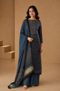 Indigo Ajrakh Hand Block Print Unstitched 3-Piece Suit Set in Modal Satin