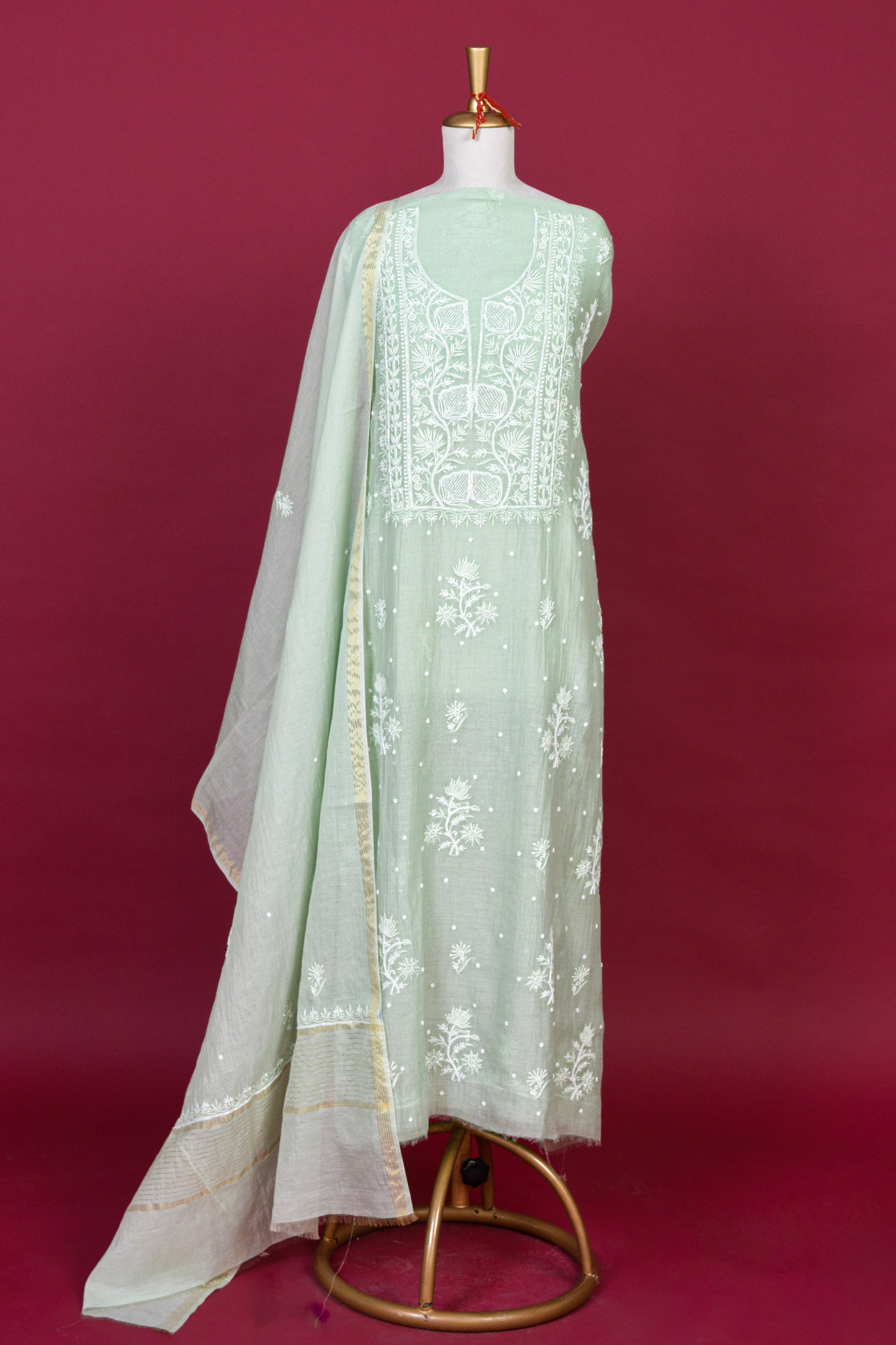 Mint Green Chikankari Mul Mul Cotton Kurta Dupatta Set – 2 piece