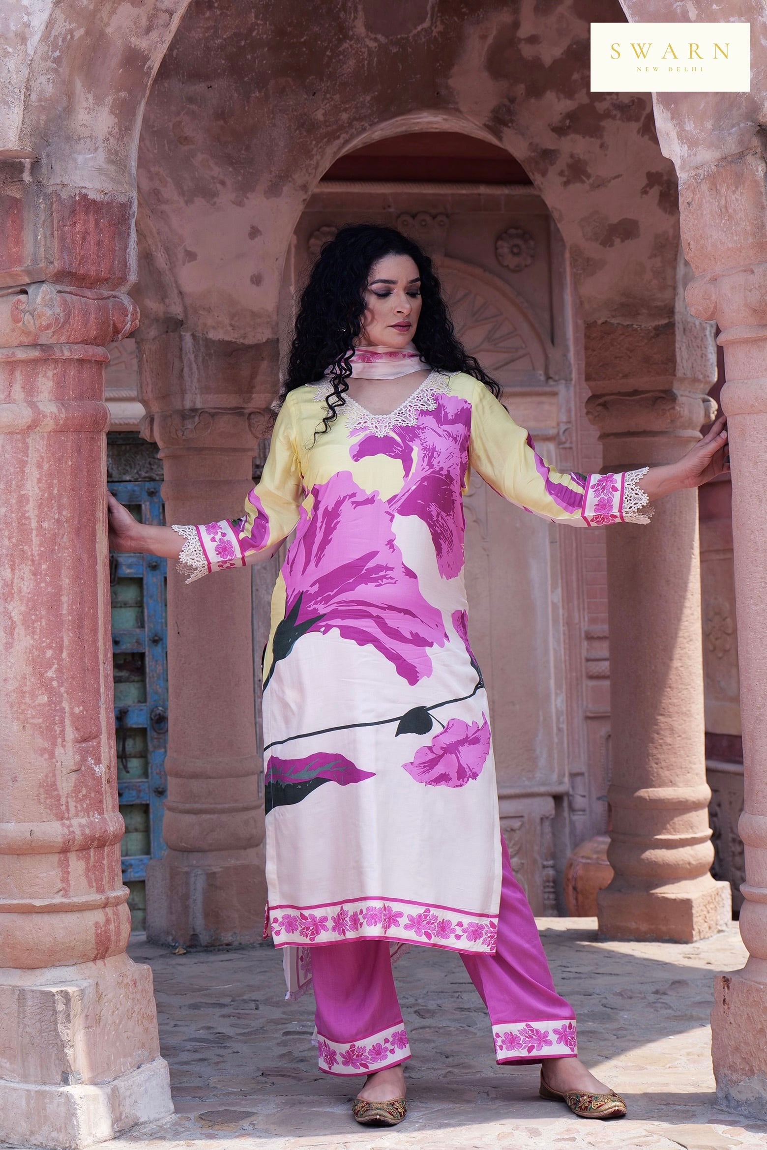 Cotton Muslin Hand Embroidered Kurta Dupatta Set with Chiffon Dupatta – 3 piece