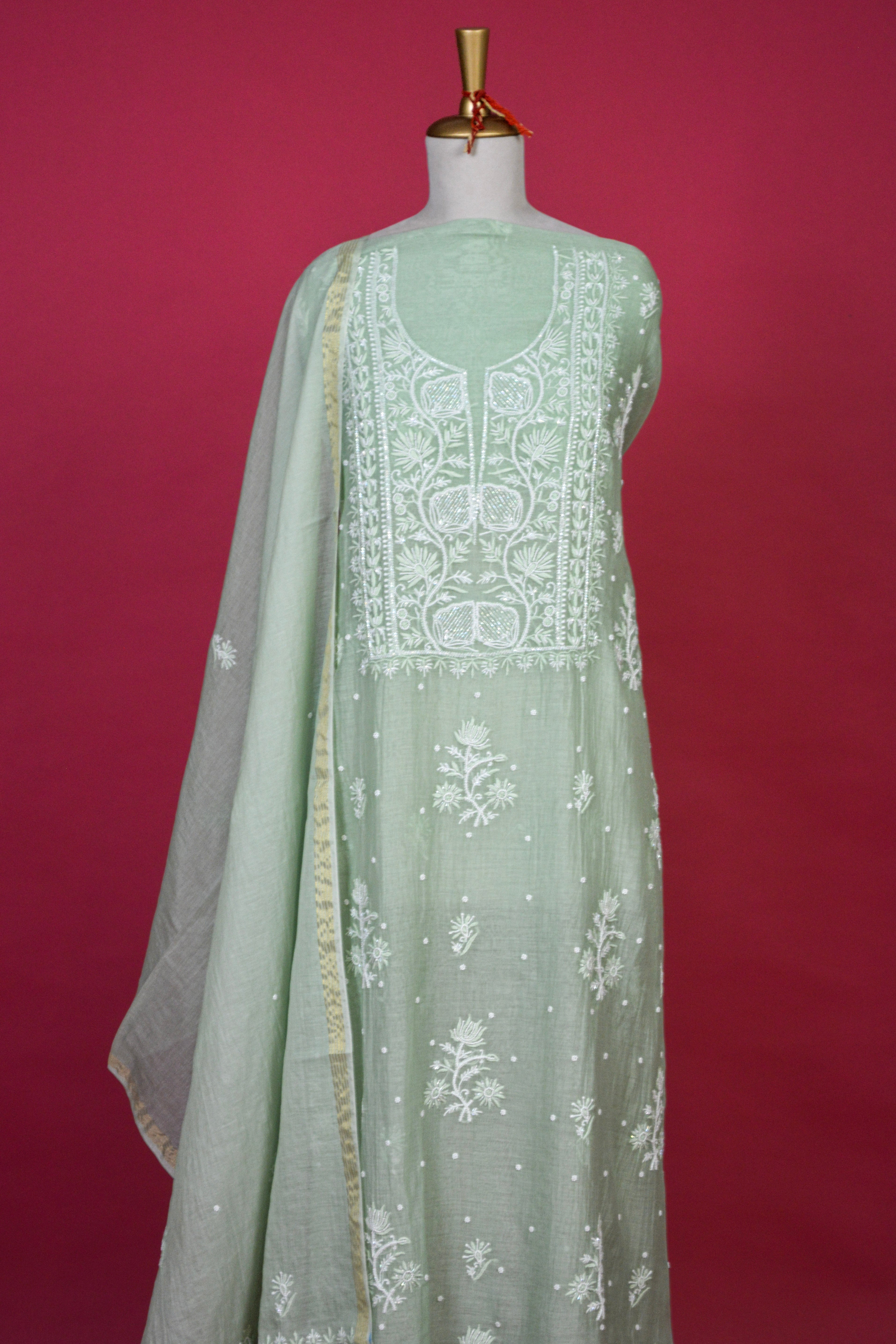 Mint Green Chikankari Mul Mul Cotton Kurta Dupatta Set – 2 piece