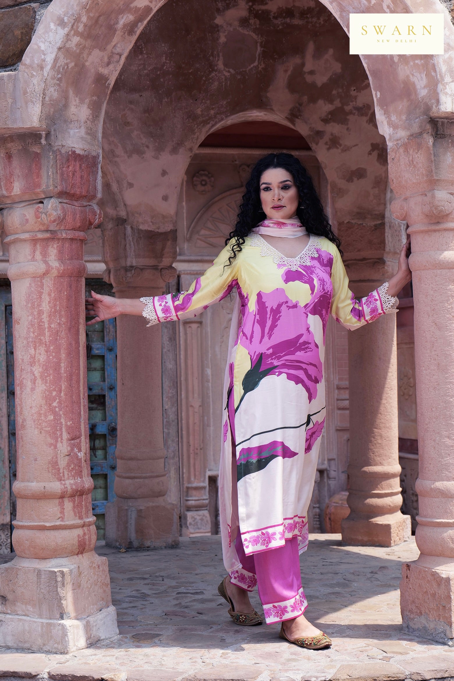 Cotton Muslin Hand Embroidered Kurta Dupatta Set with Chiffon Dupatta – 3 piece