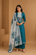 Emerald Green Digital Printed Unstitched Linen Suit Set with Mirror & Zardozi Work  Description: