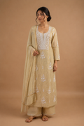 Beige Chikankari Embroidered Unstitched 2-Piece Suit Set in Mul Chanderi