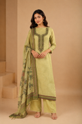 Lime Green Jamdani Unstitched Suit Set in Tissue Linen with Embroidery