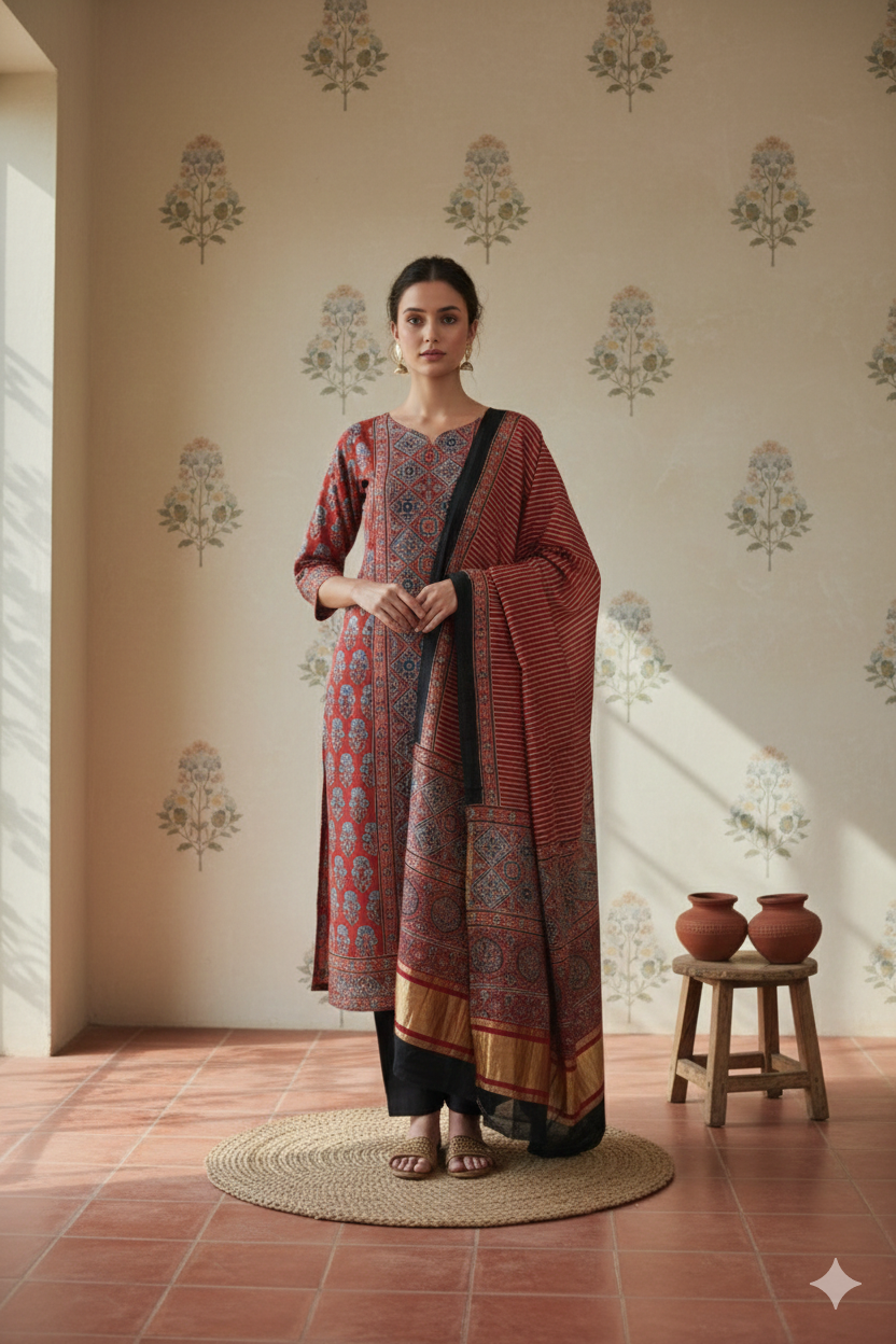 Rust Red Ajrakh Hand Block Printed Modal Silk Suit Set – Unstitched 3-Piece