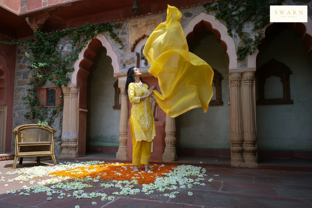 Sun Yellow Pure Cotton Cambric Embroidered Suit Set – 3 piece