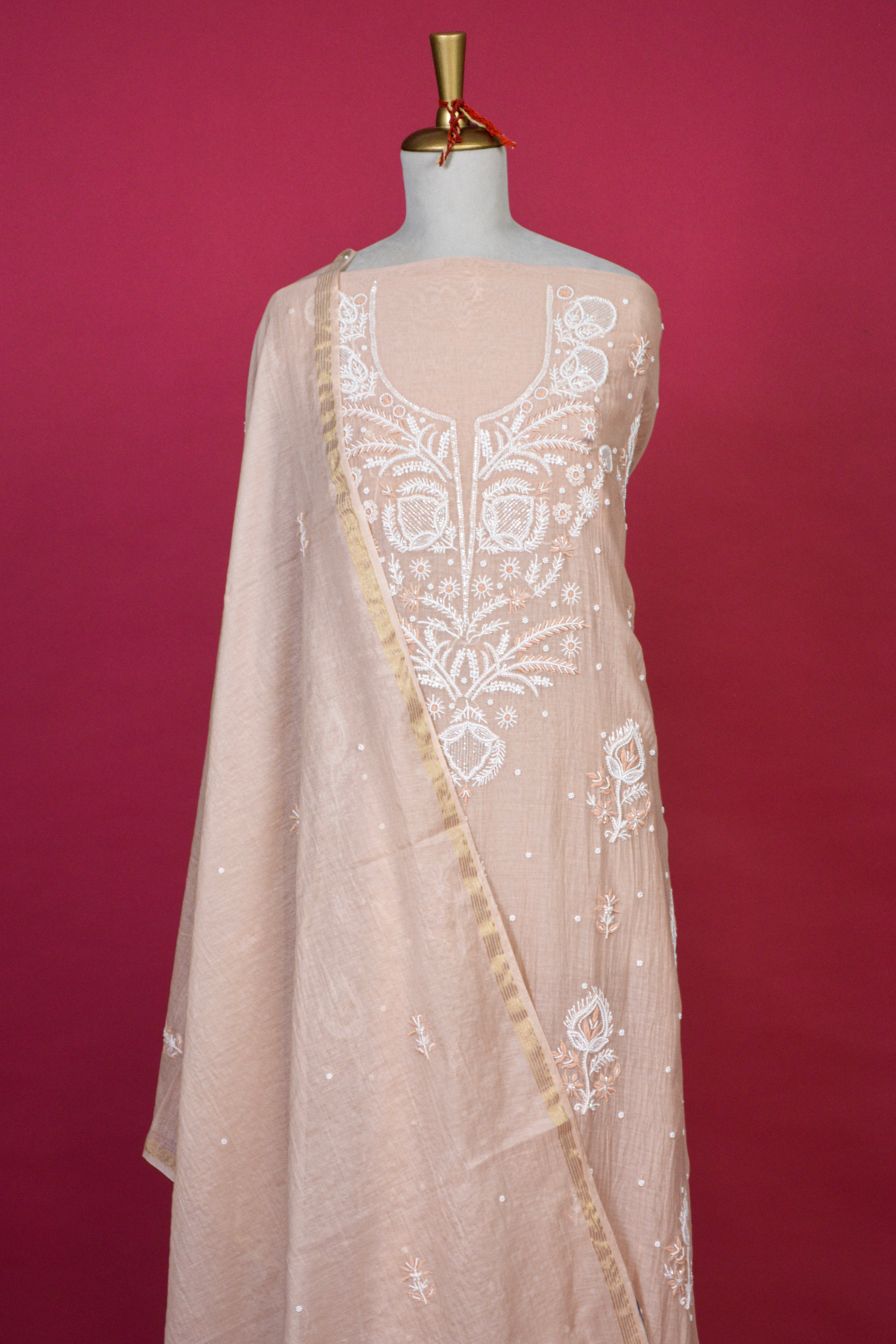 Light Peach Chikankari Mul Mul Cotton Kurta Dupatta Set – 2 piece
