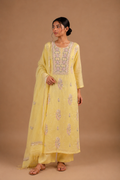 Lemon Yellow Chikankari Embroidered Unstitched 2-Piece Suit Set in Mul Chanderi