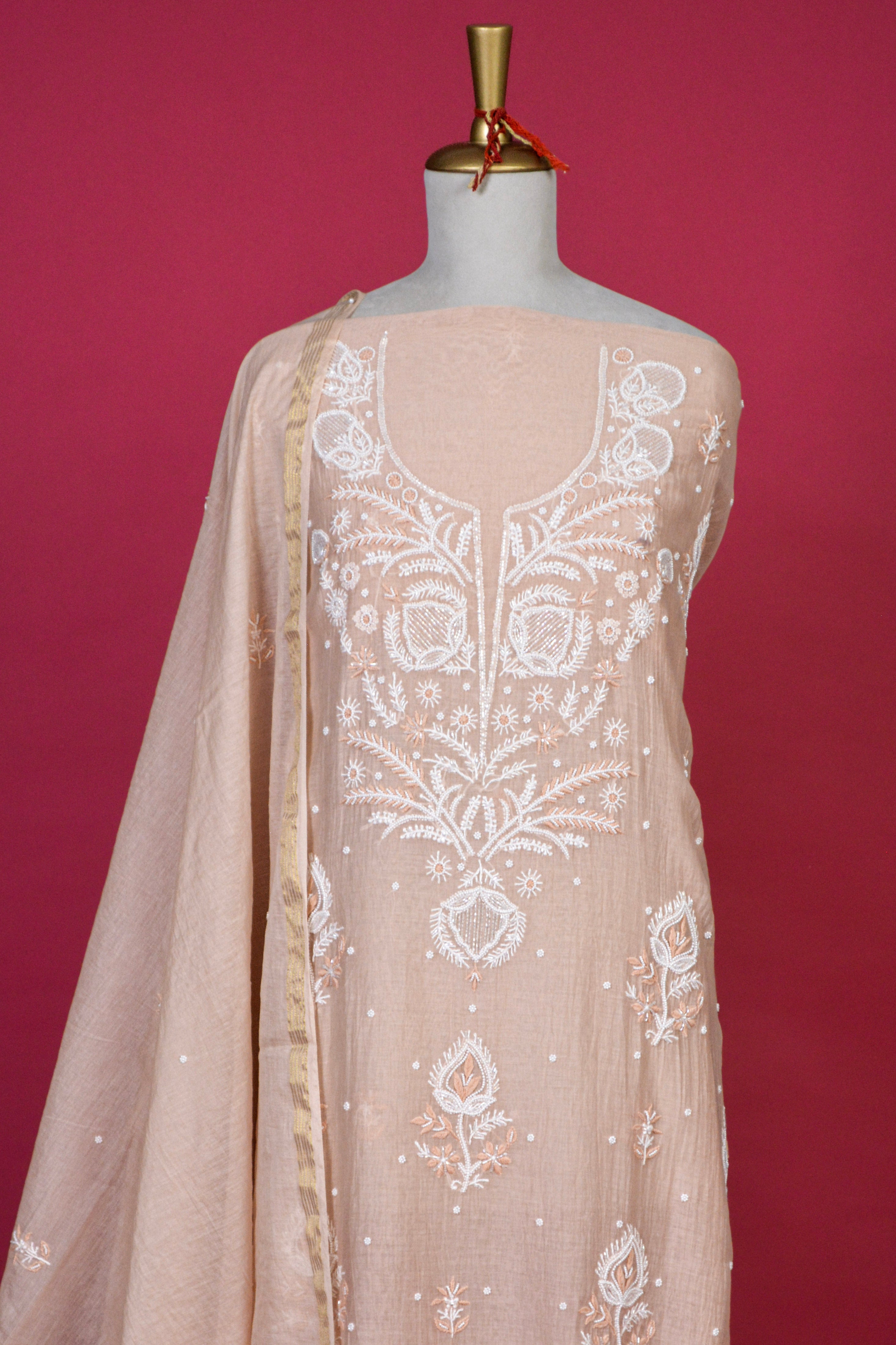 Light Peach Chikankari Mul Mul Cotton Kurta Dupatta Set – 2 piece