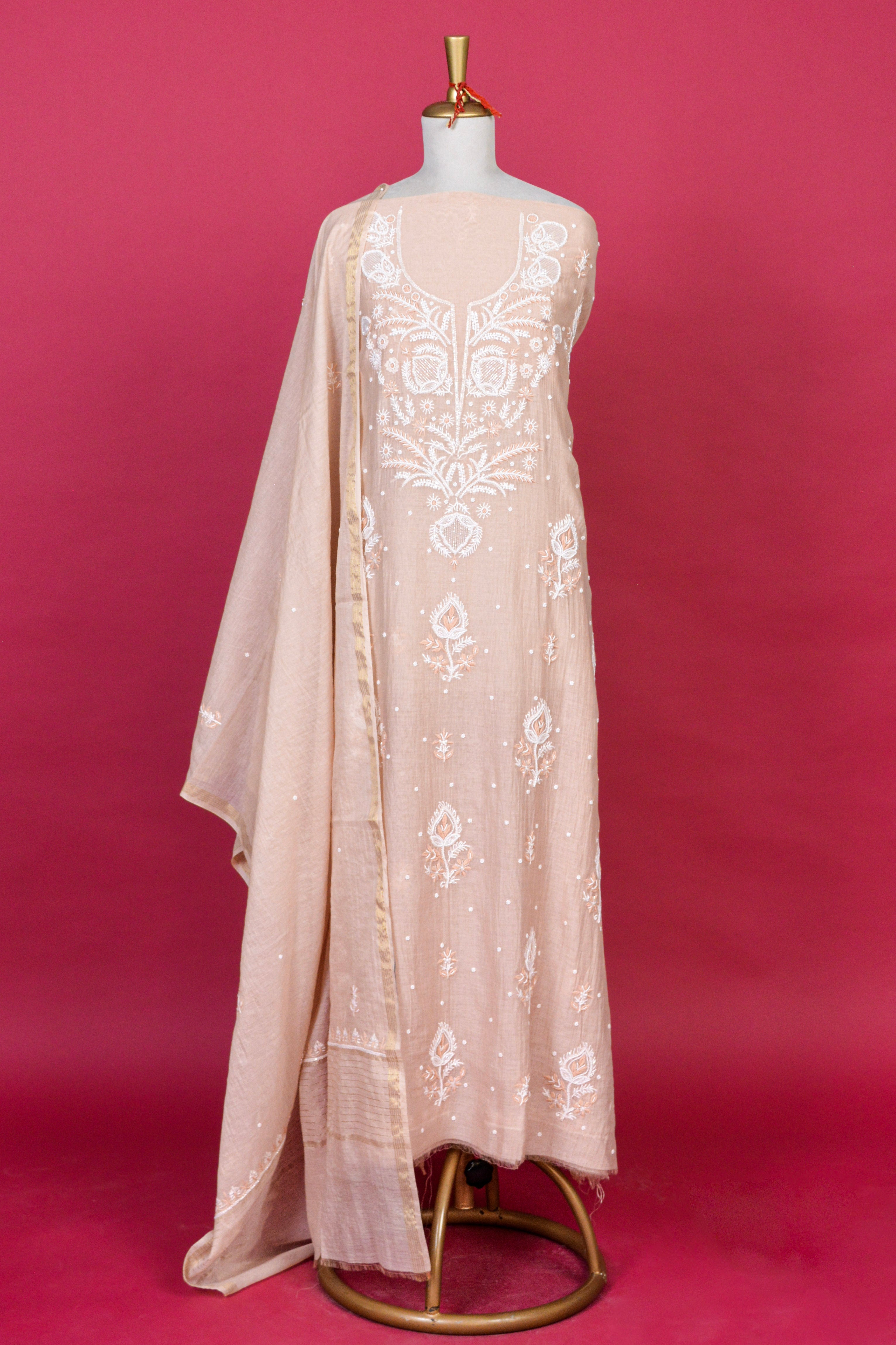 Light Peach Chikankari Mul Mul Cotton Kurta Dupatta Set – 2 piece