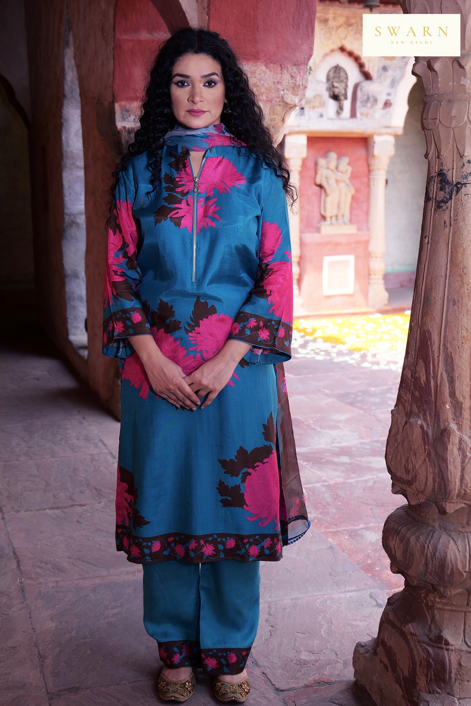 Cotton Muslin Hand Embroidered Kurta Dupatta Set with Chiffon Dupatta – 3 piece