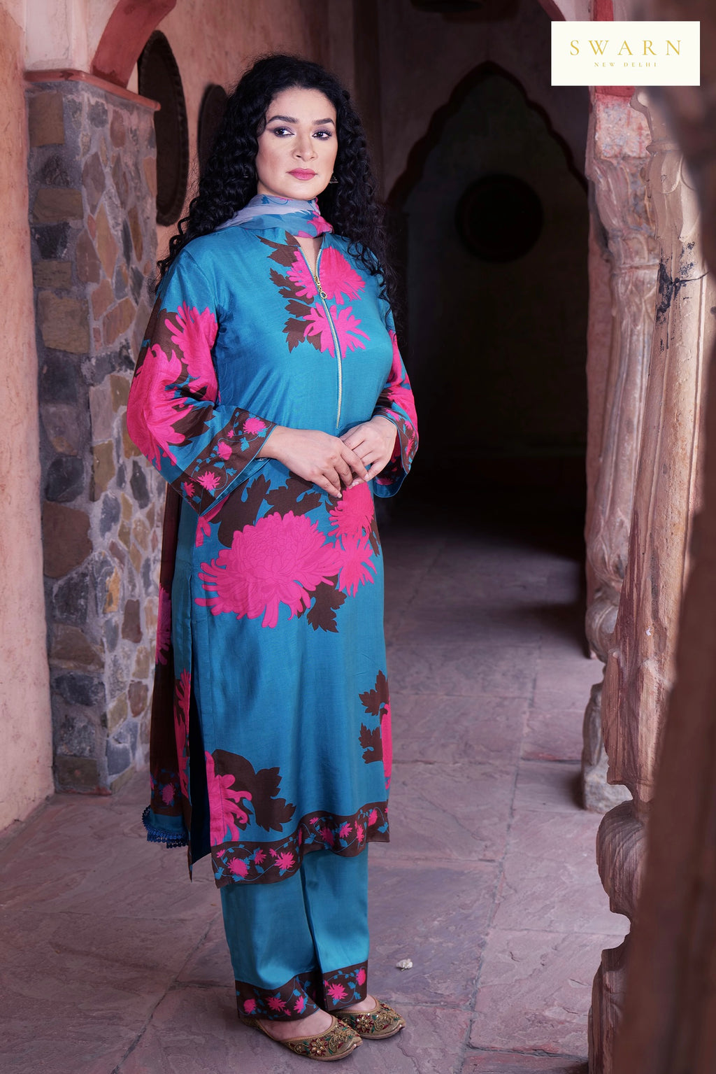 Cotton Muslin Hand Embroidered Kurta Dupatta Set with Chiffon Dupatta – 3 piece