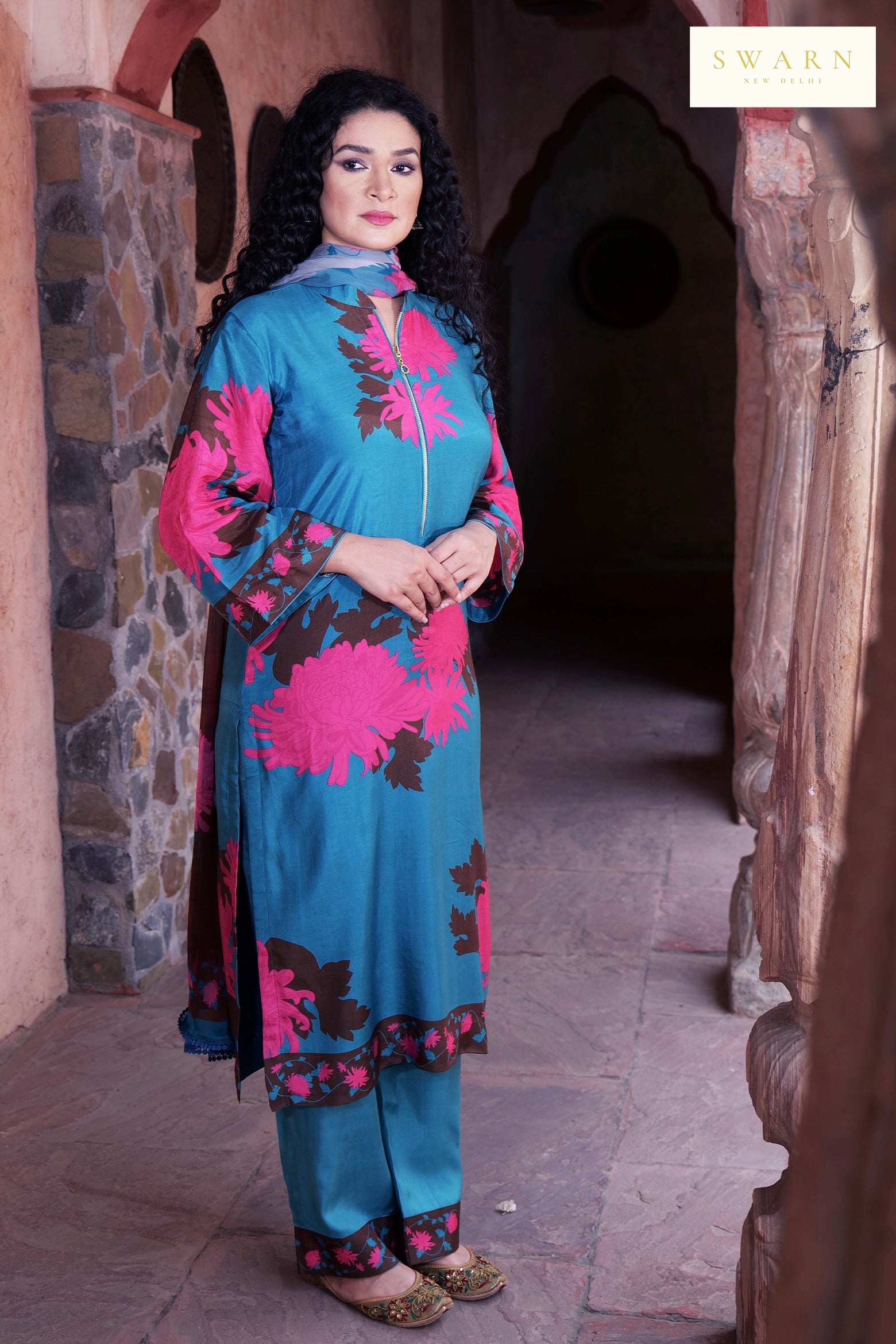 Cotton Muslin Hand Embroidered Kurta Dupatta Set with Chiffon Dupatta – 3 piece