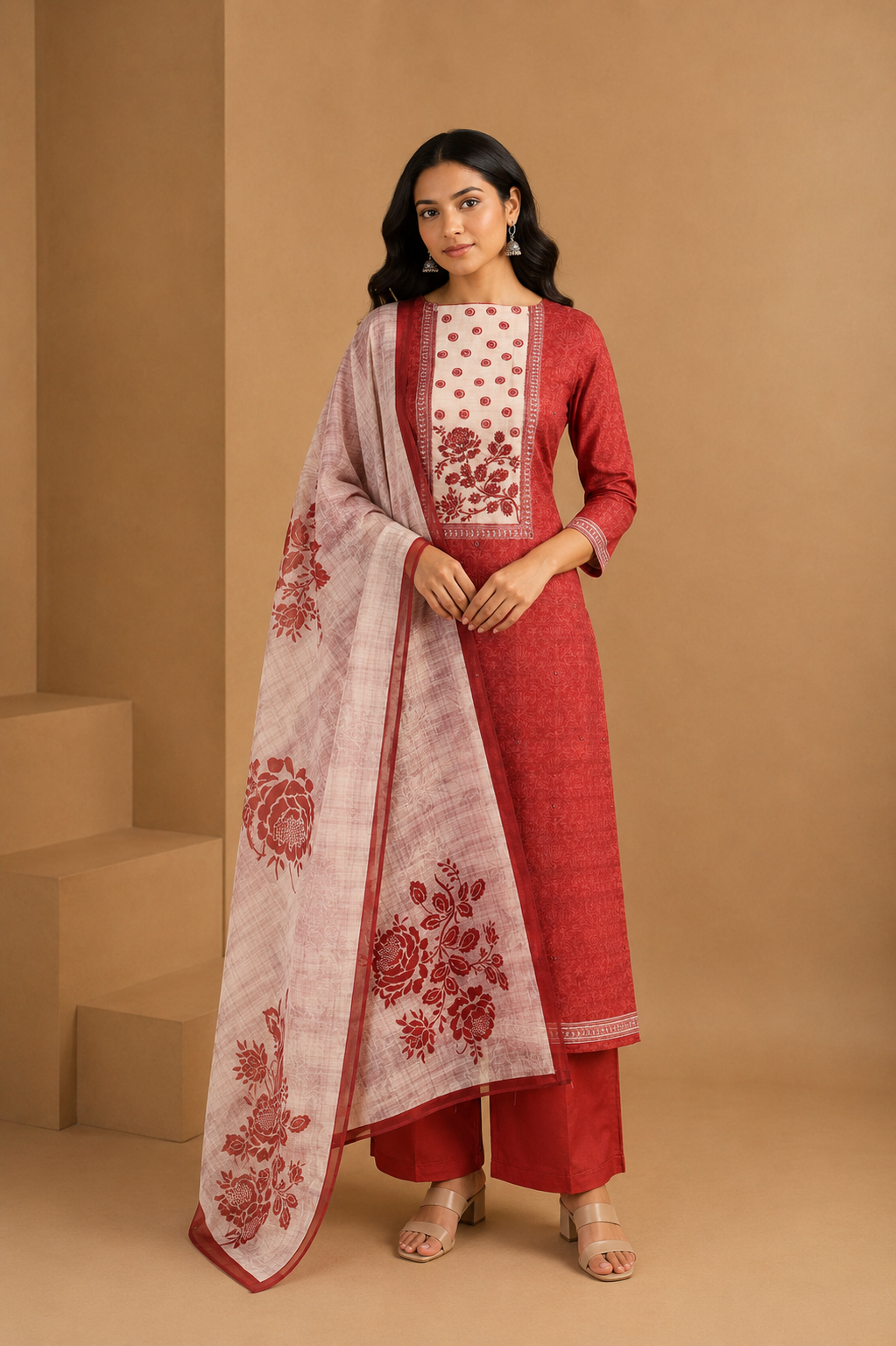 Rust Digital Printed Unstitched Linen Suit Set with Mirror & Zardozi Work  Description: