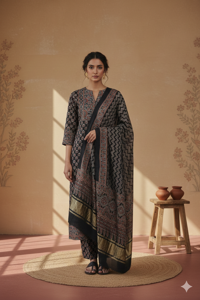 Midnight Black Ajrakh Hand Block Printed Modal Silk Suit Set – Unstitched 3-Piece