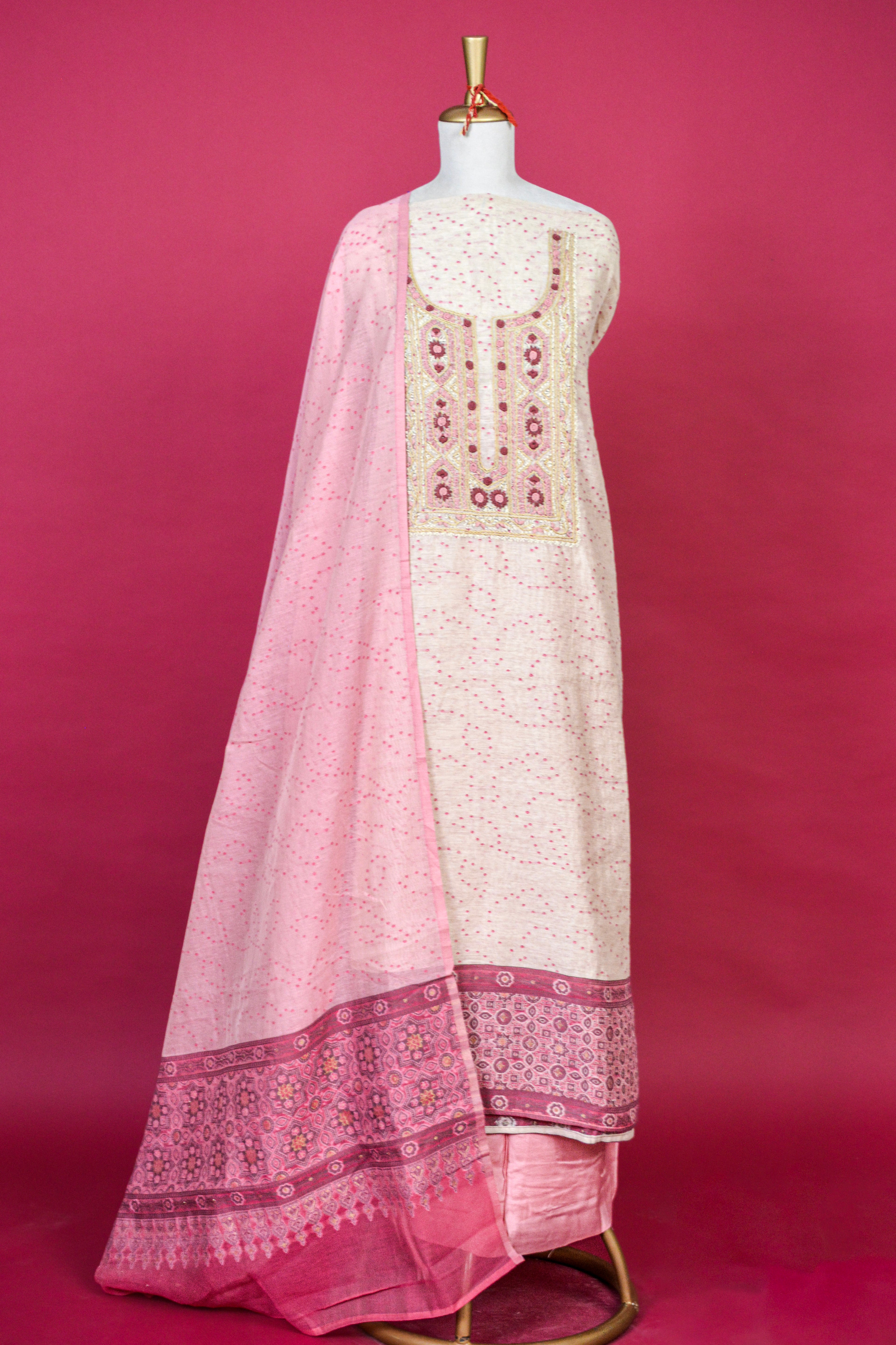 Pink & Ivory Jamdani Linen French Knot Embroidered Kurta with Digital Print Dupatta – 3 piece