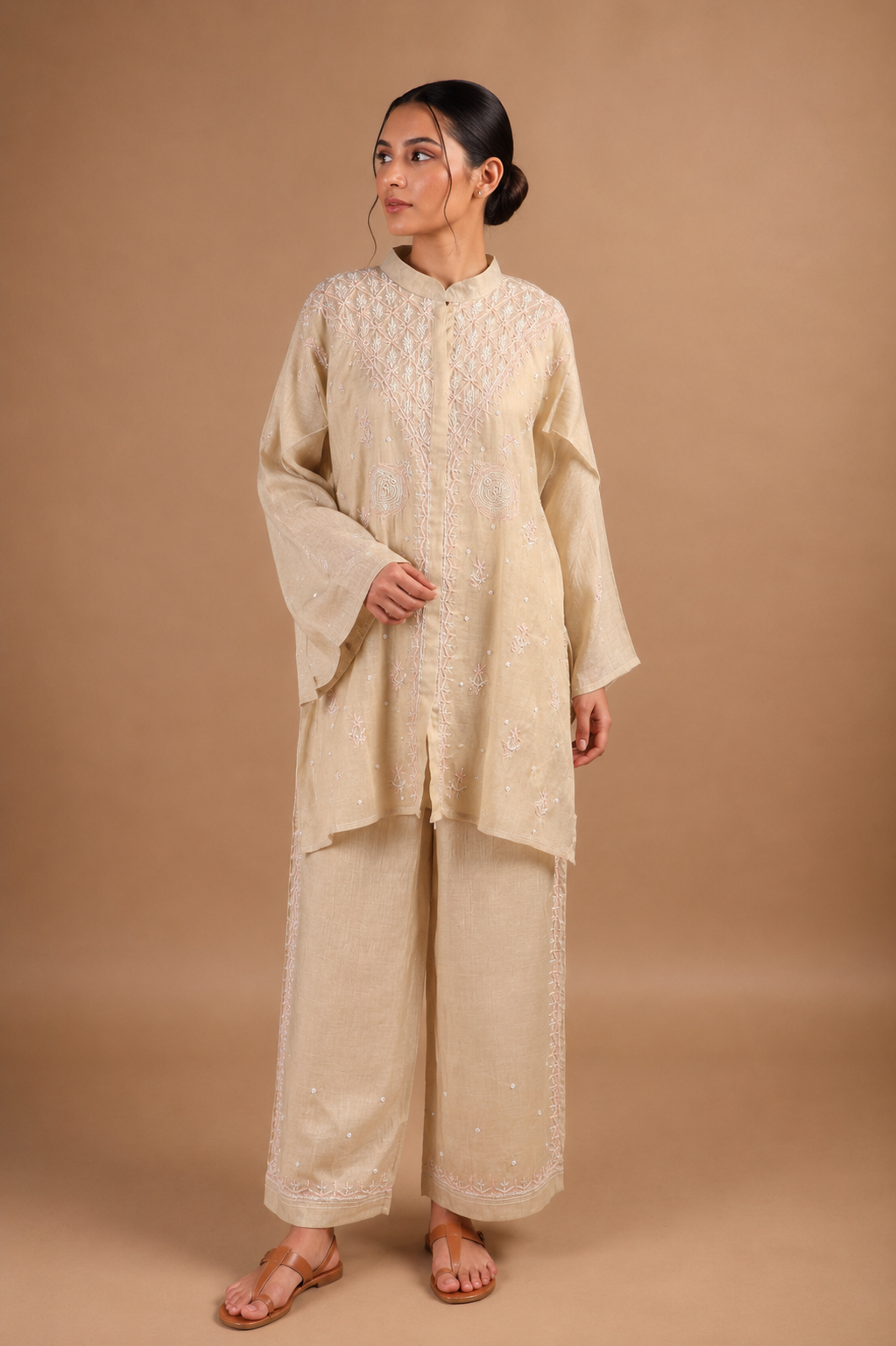 Golden Tissue Mul Chanderi Semi-Stitched Coord Set with Light Pink Embroidery