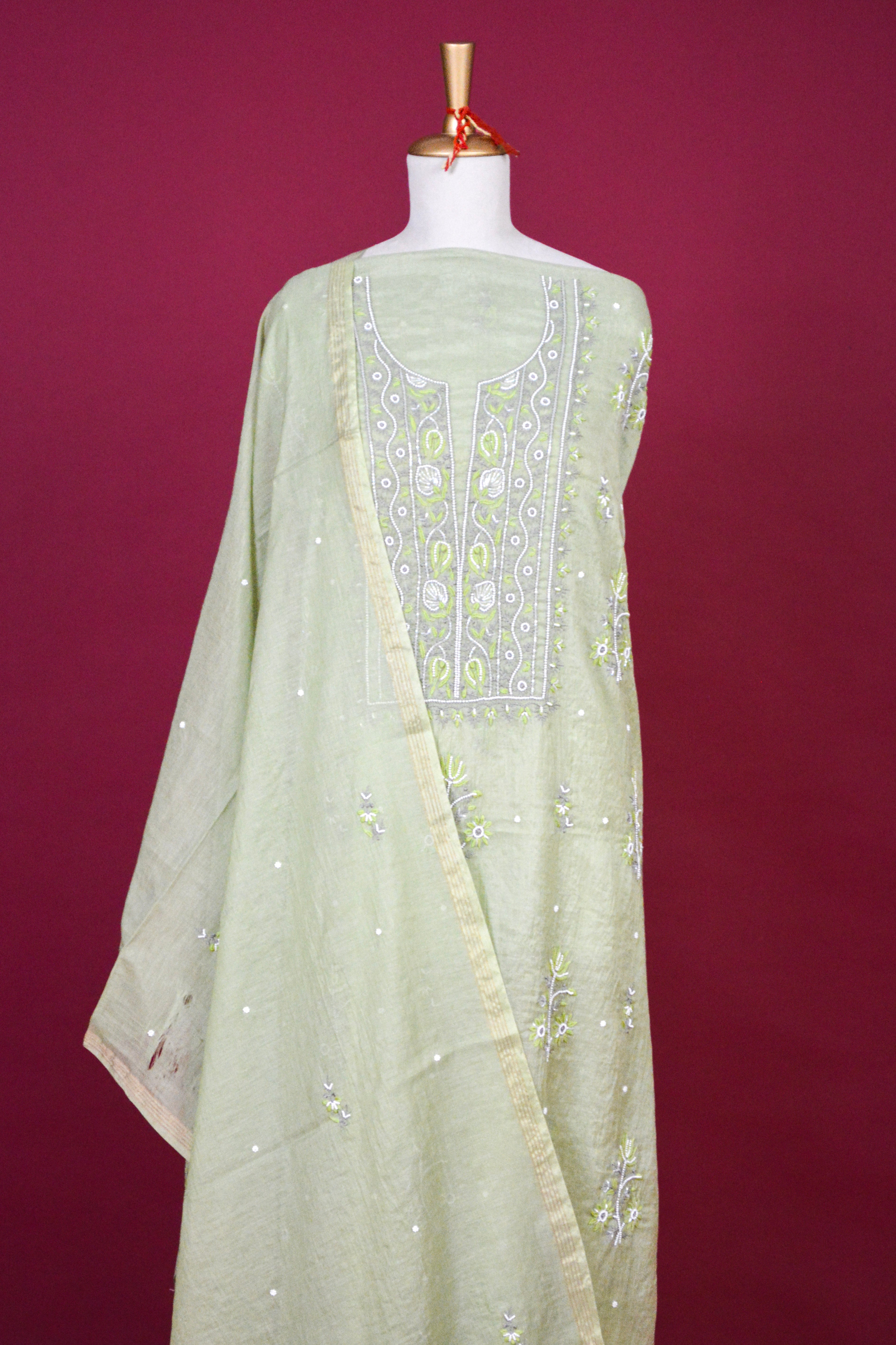 Pistachio Green Chikankari Mul Mul Cotton Kurta Dupatta Set – 2 piece