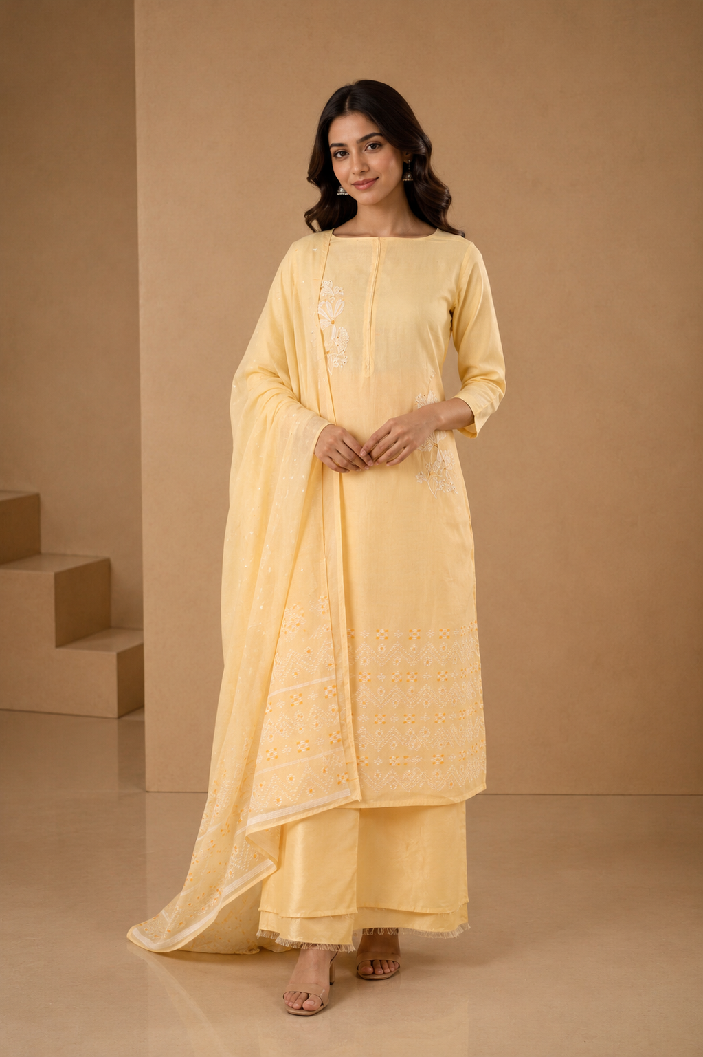 Lemon Yellow Jamdani Weave Unstitched 3-Piece Suit Set in Chanderi
