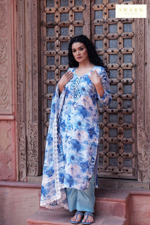 Chanderi Digital Printed Kurta Dupatta Set with Resham Embroidered Neckline – 3 piece