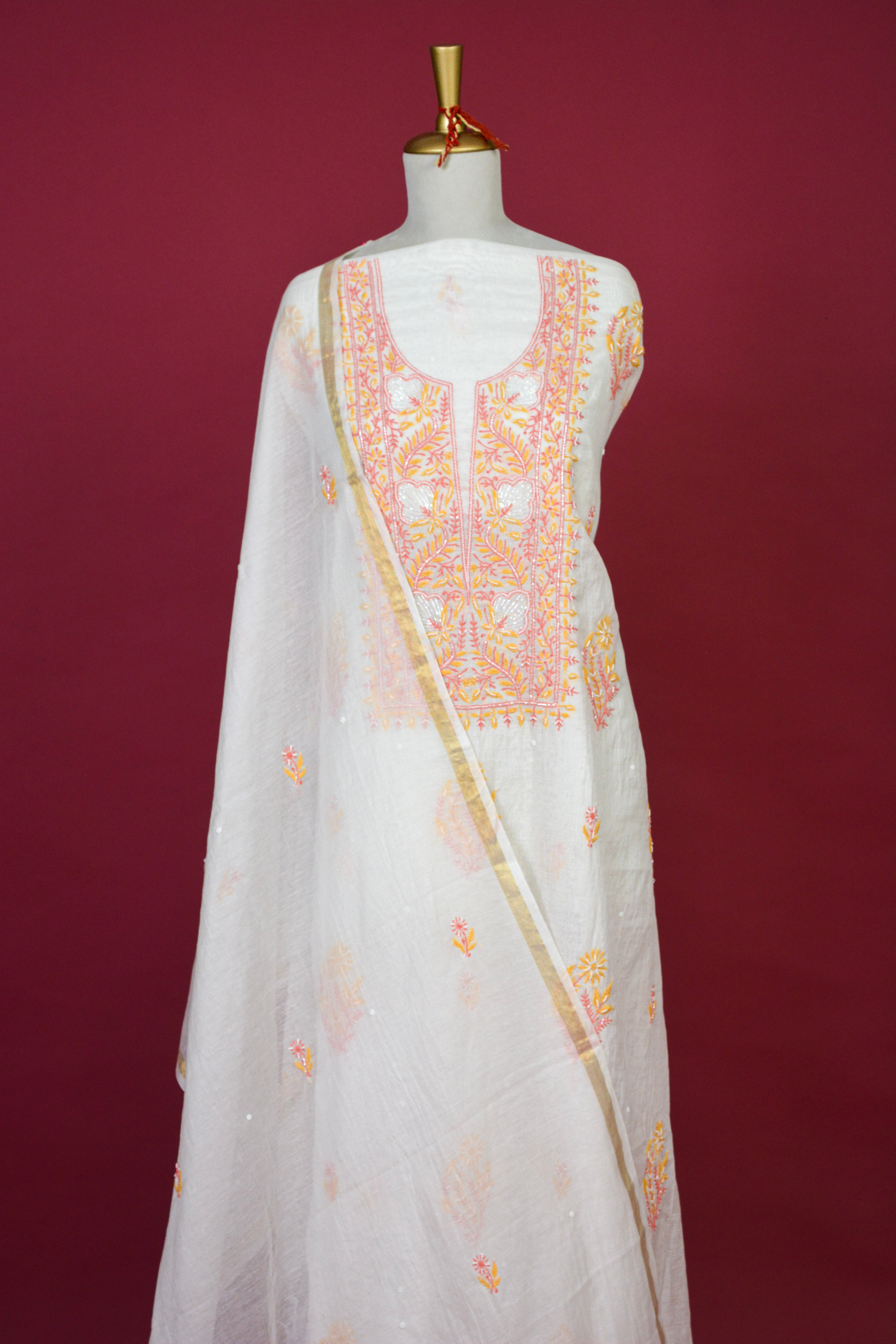 Ivory Chikankari Mul Mul Cotton Kurta Dupatta Set – 2 piece