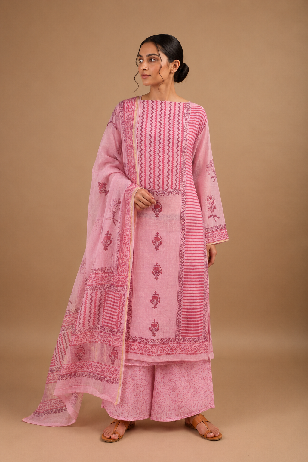 Hand Block Printed Mul Chanderi Three Piece Suit Set