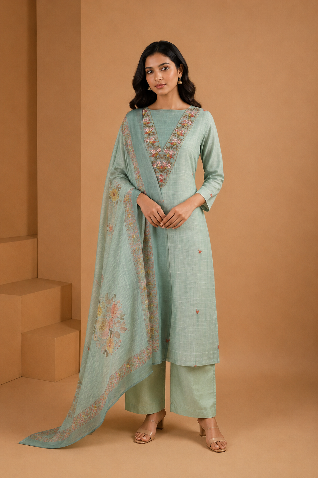 Digitally Printed Linen Suit with French Knot Embroidery