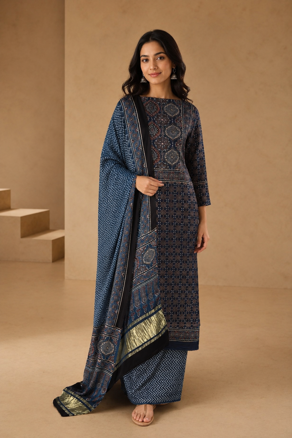Indigo Hand Block Ajrakh Print Unstitched 3-Piece Suit Set in Modal Satin