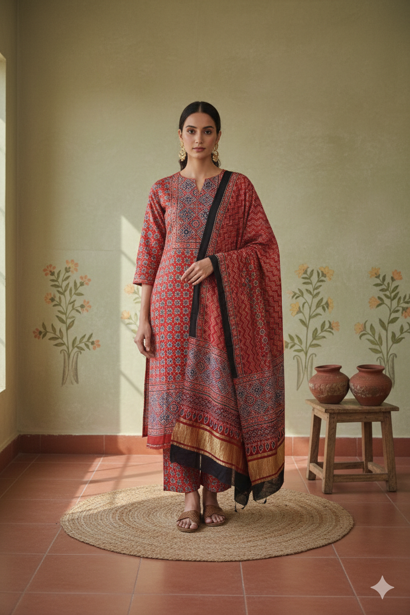 Crimson Red Ajrakh Hand Block Printed Modal Silk Suit Set – Unstitched 3-Piece