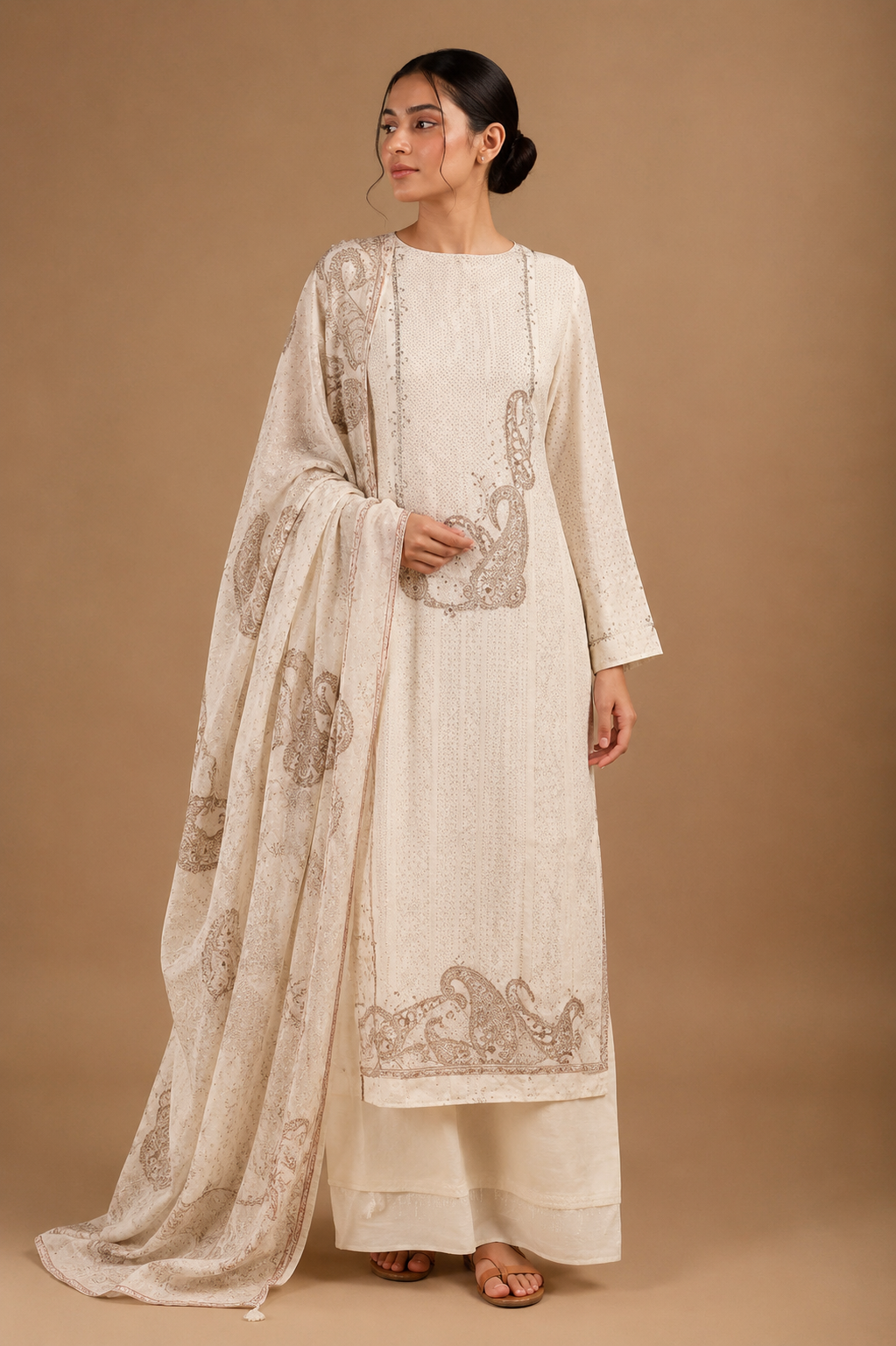 Ivory Digital Printed & Embroidered Unstitched 3-Piece Suit Set in Muslin