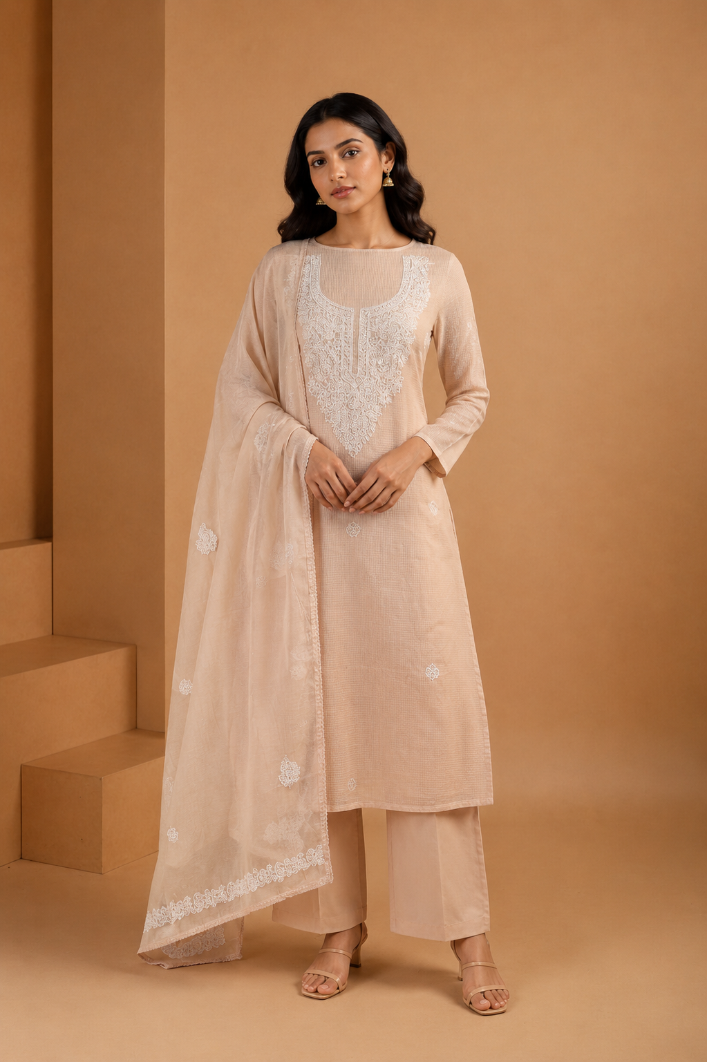 Beige Kantha Embroidered Unstitched Suit Set in Kota Fabric