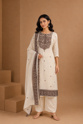 Mul Chanderi Suit with Intricate Embroidery & Lace Detailed Dupatta